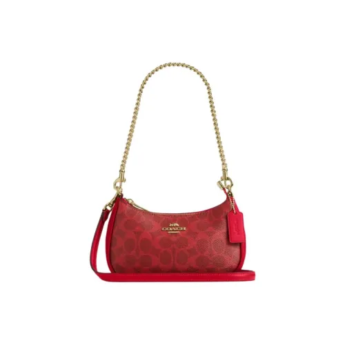 COACH Teri Подпись Покрытый холст Плечевая сумка Мини Женская Ярко-красная