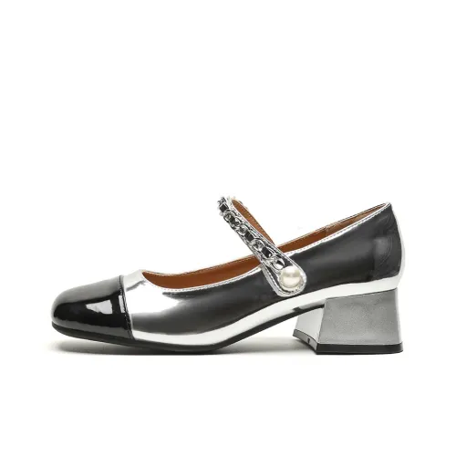 Lanza Французский CHANEL Inspired Мягкая Обувь без Подкладки с Лакированной Кожей Грубый Каблук Туфли Мэри Джейн 5 см Женские Серебряный