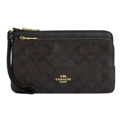 COACH Double Zip Wallet Покрытый холст с кожаными вставками Кошелек Маленький Женский Черный