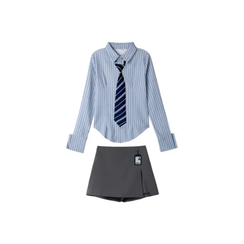 Sato Supun Синие полосы Длинный рукав Рубашка + Серый Split Короткая Юбка + Сине-белые полоски Галстук + Черный Вертикальный Обхват груди Значок Женская Униформа