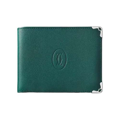 Cartier Кожаные Аксессуары Must De Cartier, Бумажник, 6 Отделений Для Кредитных Карт Кожа Теленка Павлиново-зеленого Цвета, Отделка Из Нержавеющей Стали