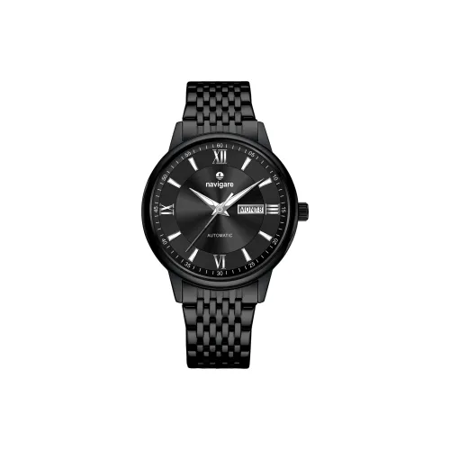 NAVIGARE Механическое механическое часы Стальной ремешок Мужские часы Черный циферблат