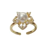 Золото-Циркон Ромб Жемчужный Открытое Кольцо (Утолщенное Реальное Золото Электроплазменное Покрытие)