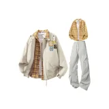 Абрикос + Желтая рубашка + Светло-серые штаны