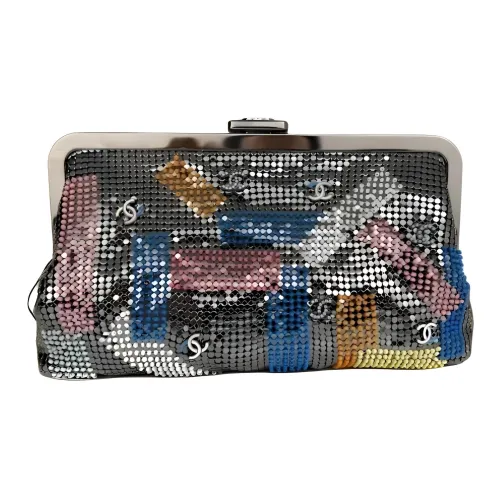 CHANEL Вышивка Металл Текстура Марля Жемчужный Вечерний Клатч Сумка Женская Серебряный Многоцветный