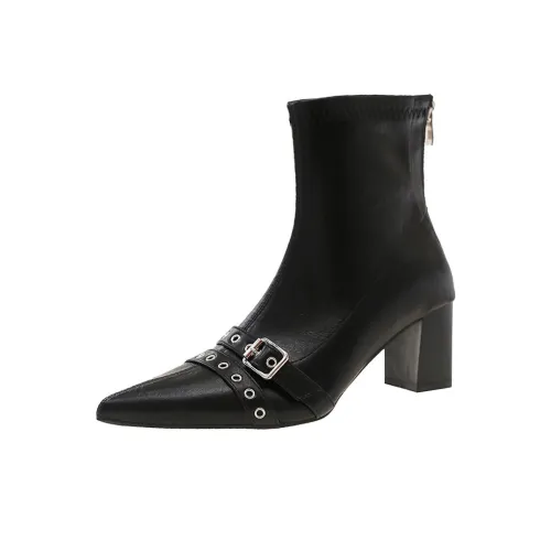 Dragon Dance Заостренный носок Ботильоны Тонкий Высокие каблуки Женские Винтаж Эластичный Грубый каблук Элегантность Короткий Ботинки