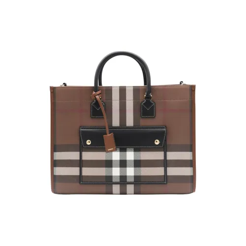 Burberry Клетка Телячья Кожа Тоут Сумка Сумка для покупок Сумка Женская Цвет Береза Темно-коричневый