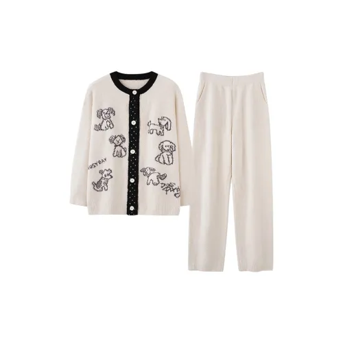 FOSS PHIL BBRL062 Черный Wa Белый Гороховый узор Планка Круглый вырез Кардиган Женские Пижамные комплекты