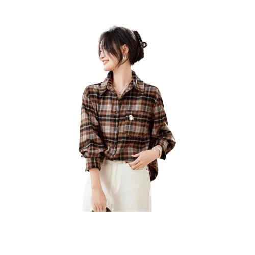 LANGQING Оранжевая клетка с бесплатным брендом Qing наклеенный женские рубашки