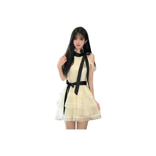 PNVB Экрю Женские Короткие Платья с Длинными Рукавами