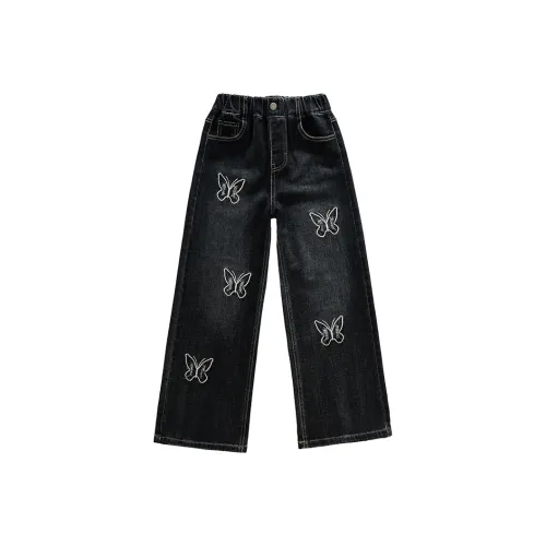 RHOBESAM Tao GU Детская одежда 6249 Передняя часть Темный цвет Бабочка Широкие брюки Синий Серый Kids Джинсы
