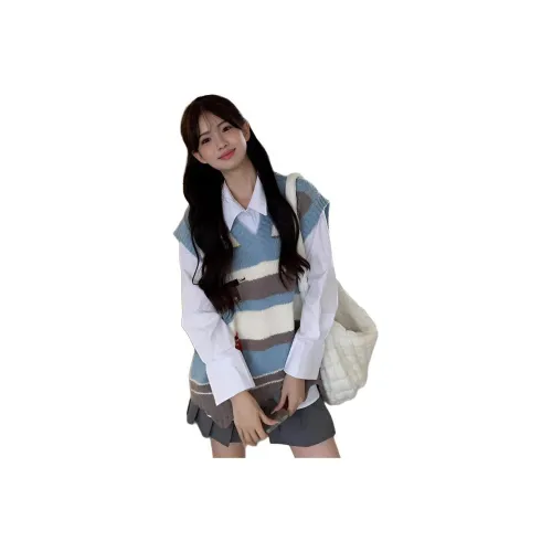 PZHK Синий Жилет + Длинный рукав Рубашка Женская Повседневная Одежда