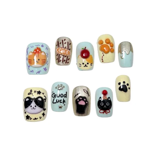 WEIYU Милый Chubby Имбирный Кошка Черный кот False Nail Короткий LADDER Оранжево-черный Jump Цвет Мультяшный