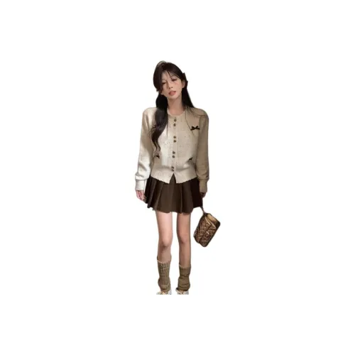 PZHK Овсяной кардиган + кофейная юбка с оборками женский комплект с юбкой