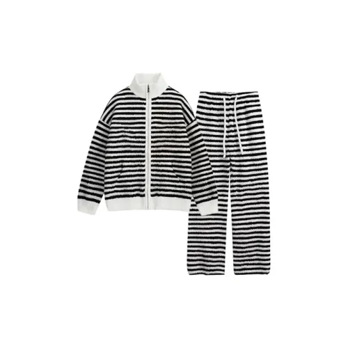 Meter Черно-белые полосы Zippers Пижамный комплект Женские пижамные комплекты