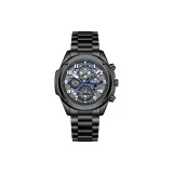 Черный корпус с черным циферблатом, черный стальной браслет.