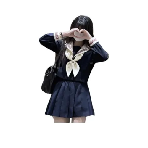 PZHK Бежево-желтый с воротником рукав + Темно-синий короткая юбка + Галстуки-бабочки + Вешалка женский комплект с юбкой