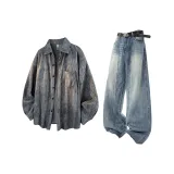 Серый топ + синие штаны