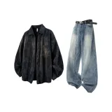 Чёрный топ + синие штаны