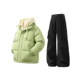Фруктовый зеленый хлопковый пуховик + черные штаны