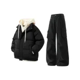 Чёрный хлопковый пуховик + чёрные штаны