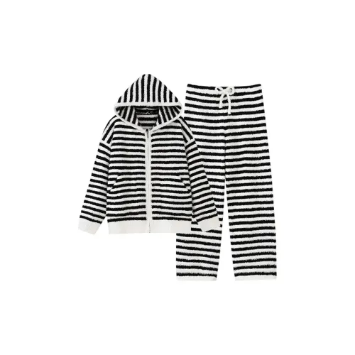 QIAOYUN Черно-белый Полосатый Женский Пижамный Комплект