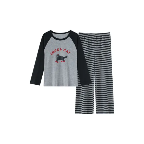 Qian Rise Черный с буквенным принтом Кошка Женские Пижамные комплекты