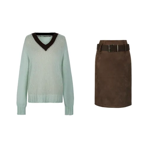 Светло-зеленый свитер + кофейная юбка женские комплекты с юбкой
