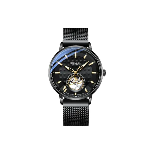 SOLLEN Механические часы Стальной ремешок Мужские часы Черный циферблат