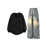 Чёрный топ + жёлтые грязные джинсы