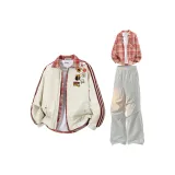 Абрикос + Красная рубашка + Светло-серые штаны