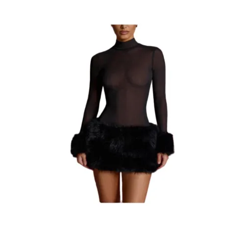 OH POLLY Искусственный мех комбинированный водолазка мини-платье длинное с длинными рукавами платье женское