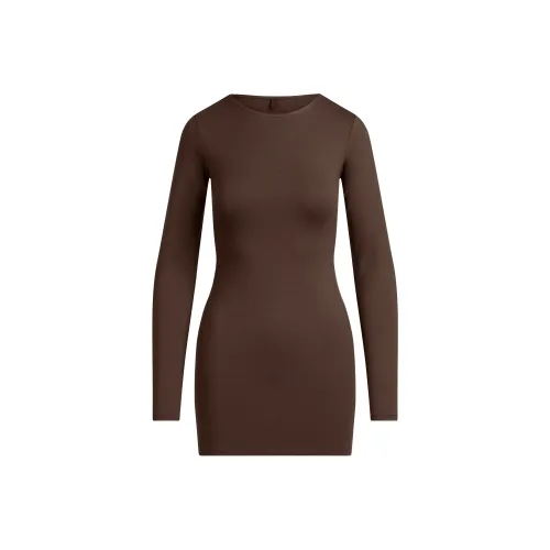 SKIMS FW25 Гладкий LAYERS Crewneck Мини Платье Длинный Sleeved Платье Женские