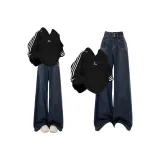 Комплект одежды (Три полосы, черный свитшот + двойные джинсы с широкими штанинами с пуговицами)