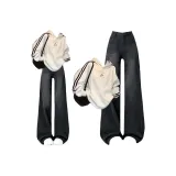 Комплект одежды (Белый свитшот с тремя полосами + Черные и серые широкие джинсы)