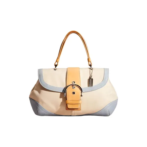 COACH Soho Холст и Кожа Сумка Сумка с Откидным Крылом Сумка Большая Женская Светло-Желтая и Синяя