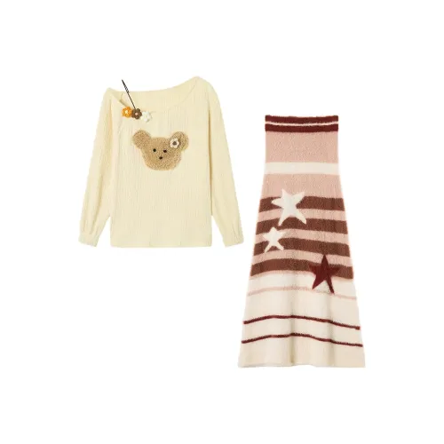 FABRIC PIG Светлый кофейный свитер + длинная юбка + цветочные Clips женские комплекты с юбкой