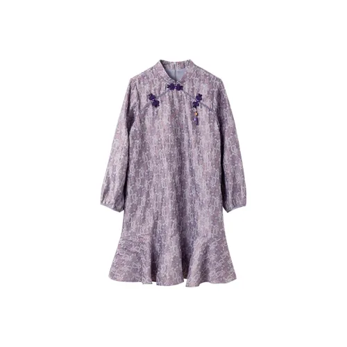 MH Серый Фиолетовый Женские Длинные Платья с Длинными Рукавами