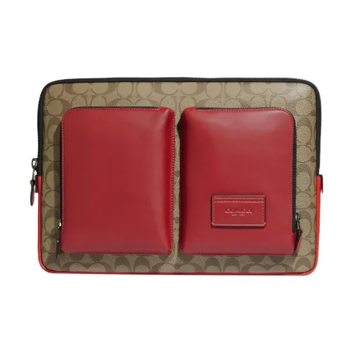 COACH Покрытый холст с телячьей кожей портфель ноутбук сумка большой мужской хаки и красный