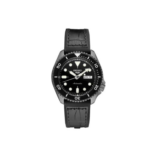SEIKO Seiko5 Автоматический Ручной Механизм Часы с Кожаным Ремешком 42,5 мм Мужские Часы Черный Циферблат