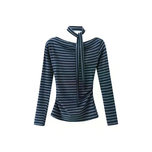 XIMENG Серый с синими полосами Женские T-рубашки