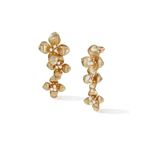 Retro Chic Brass Gold Plated Инкрустированный Shell Pearl Четырехлопастный Цветочный Дизайн Blossom Серьги-кольца Женские