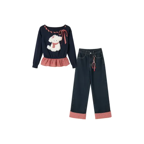 FABRIC PIG Темно-синий Свитшот + Джинсы + С подарками Сердце Булавка + Украшение Унисекс Повседневные костюмы