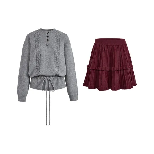 KUOSE Серый Свитер 0042 + Бордовая Юбка 0010 Женские Комплекты с Юбкой