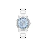 Серебряный корпус, синий циферблат.