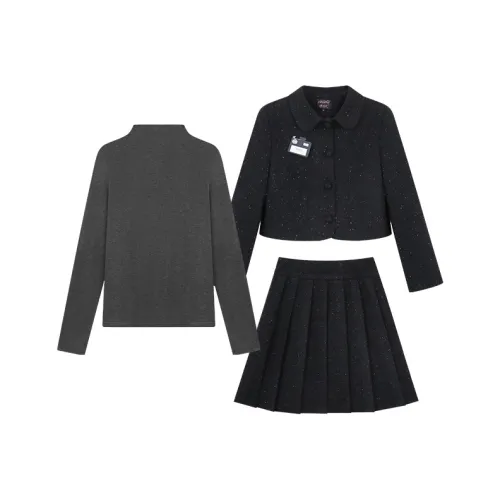 Темно-синий пальто + темно-синяя юбка + серый базовый слой включает значок. Женские комплекты с юбкой