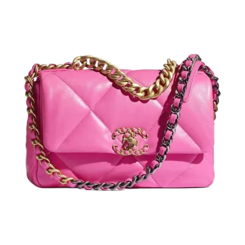 CHANEL 19Bag Гладкая отделка Овечья кожа Цепь Сумка через плечо Маленькая Женская Неоновый розовый Красный