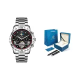 Серебряный корпус, красная нить, черный циферблат, серебряный стальной браслет + коробка + ремень