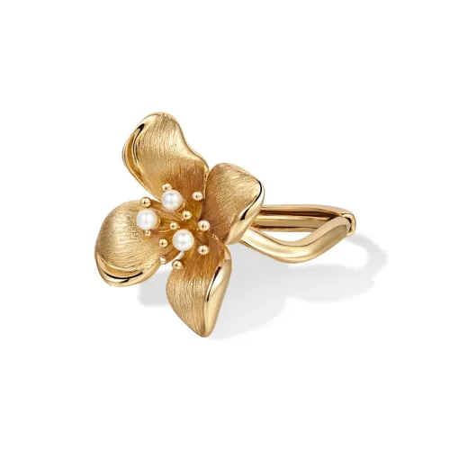 Retro Chic Brass Gold Plated Инкрустированный Shell Pearl Кольцо с цветком с четырьмя лепестками Большой Женские