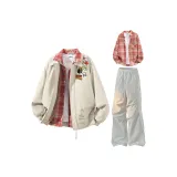 Абрикос + Красная рубашка + Светло-серые штаны